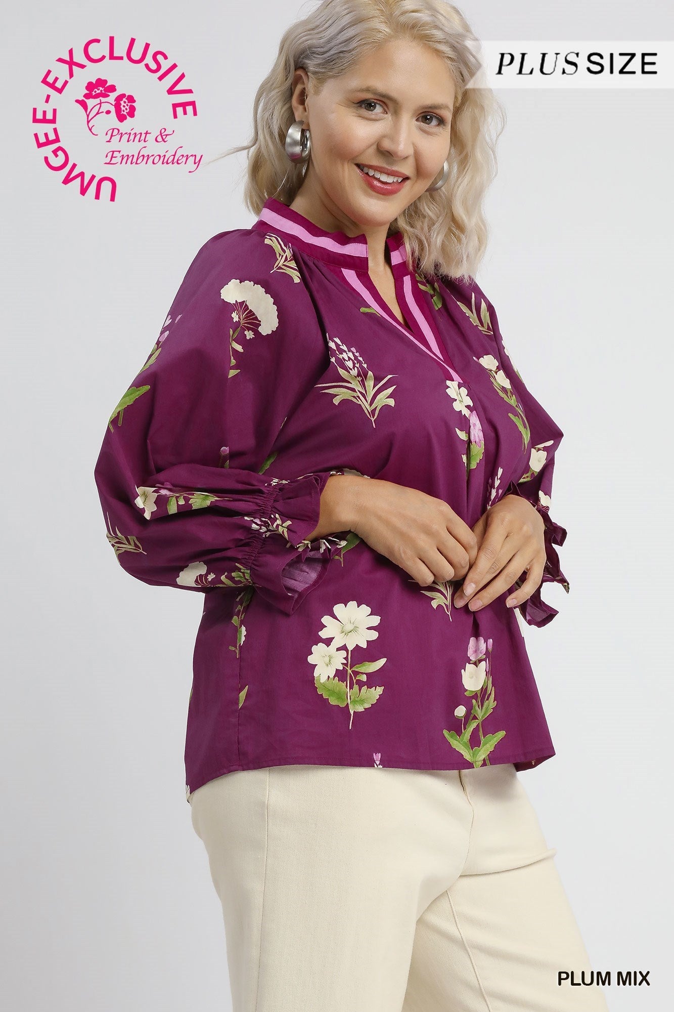 Umgee Floral Contrast Trim Blouse in Plum Mix, long sleeves. Exclusive, Plus Size available. Text: "EXCLUSIVE," "PLUS SIZE.