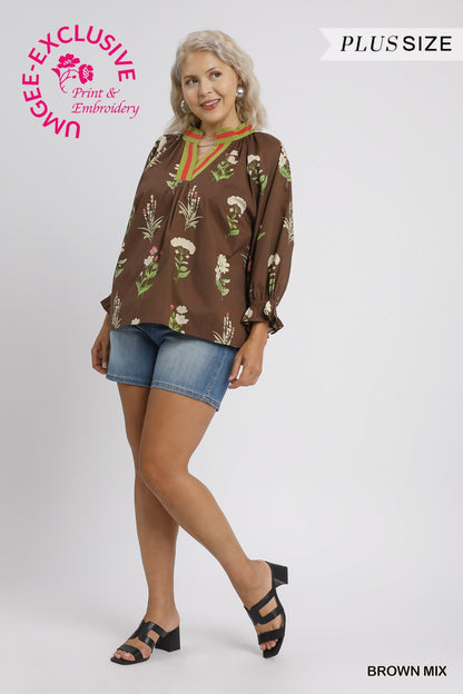 Floral Contrast Trim Blouse, brown mix with print & embroidery, 3/4 sleeves. Available in plus sizes. "JUNGE EXCLUSIVE".