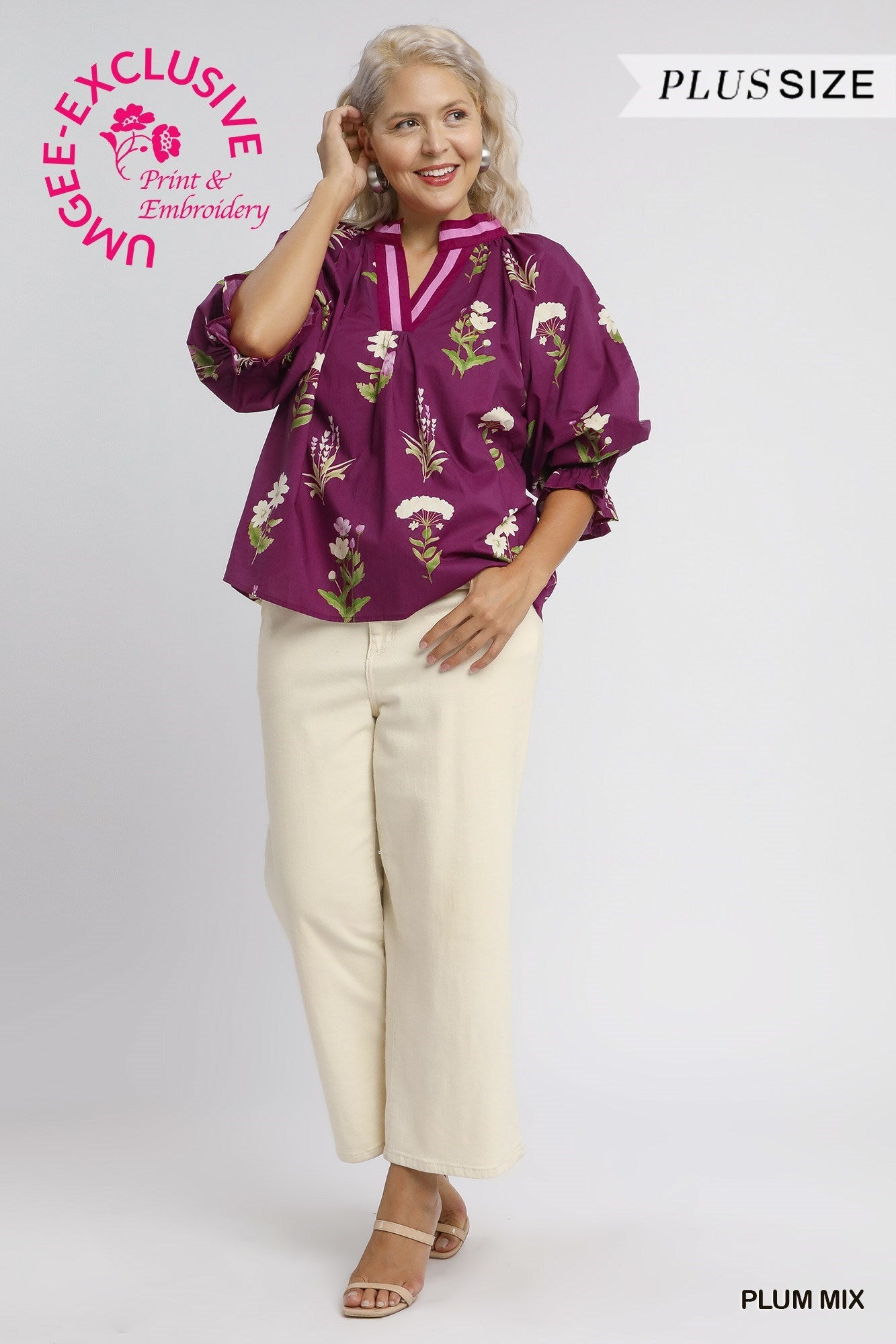 Loose plum Floral Contrast Trim Blouse in Plus Size, Plum Mix. Wide sleeves and floral accents.