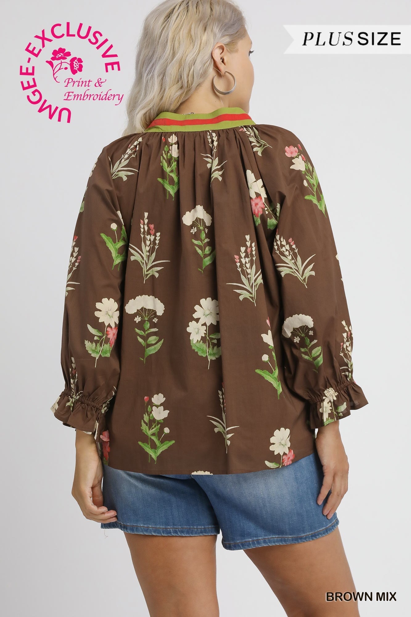 Plus Size Umgee Floral Contrast Trim Blouse in Brown Mix with puffy sleeves; available in 1X-3X.