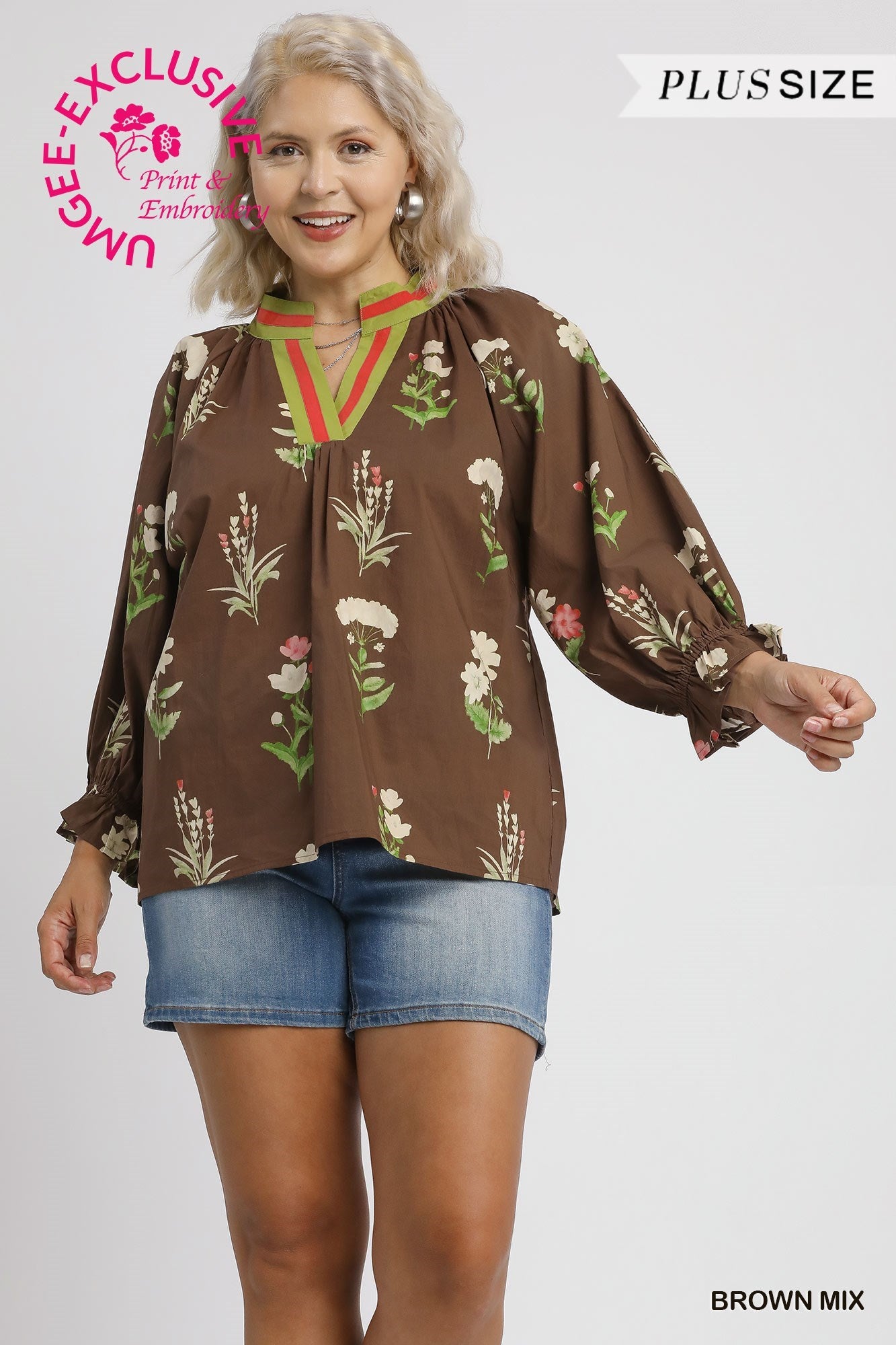 Floral Contrast Trim Blouse in brown mix with green/red neckline. Plus size exclusive. Sizes available: plus size only.