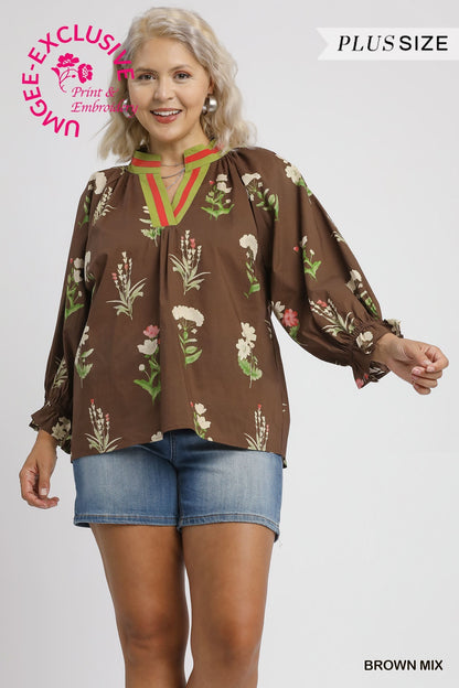 Floral Contrast Trim Blouse in brown mix with green/red neckline. Plus size exclusive. Sizes available: plus size only.