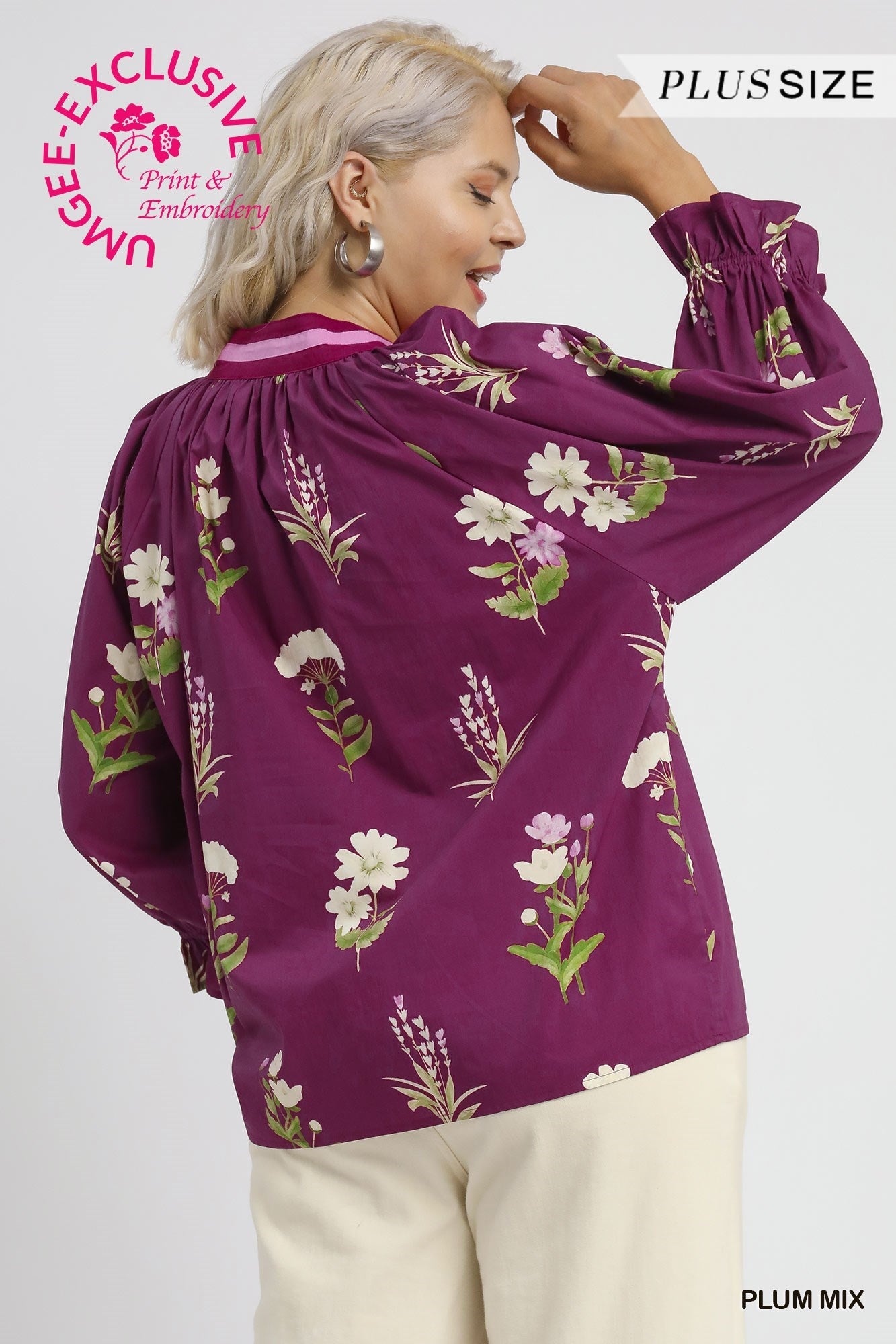 Umgee Floral Contrast Trim Blouse, Plum Mix: purple with white/green flowers, long sleeves. Plus size. Sizes: 1X-3X.