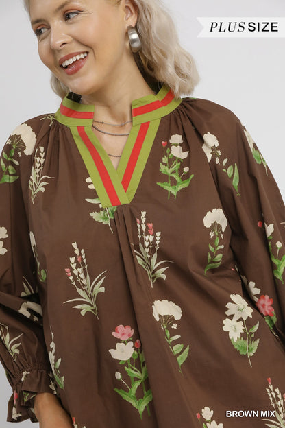 Floral Contrast Trim Blouse with green/red collar, brown mix. Plus size available.