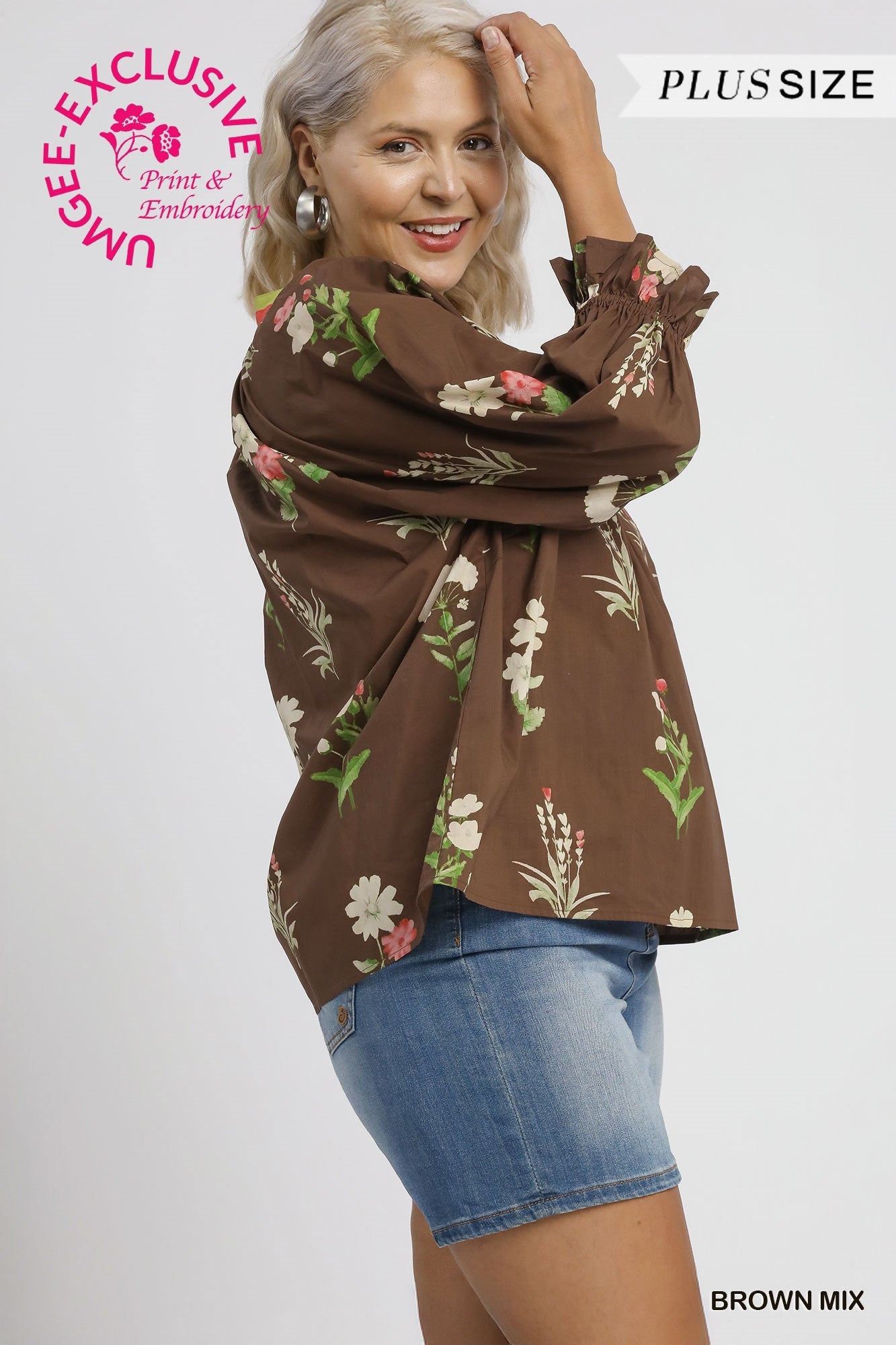 Floral Contrast Trim Blouse in brown mix, floral print, embroidery, long sleeves. Exclusive Plus size available.
