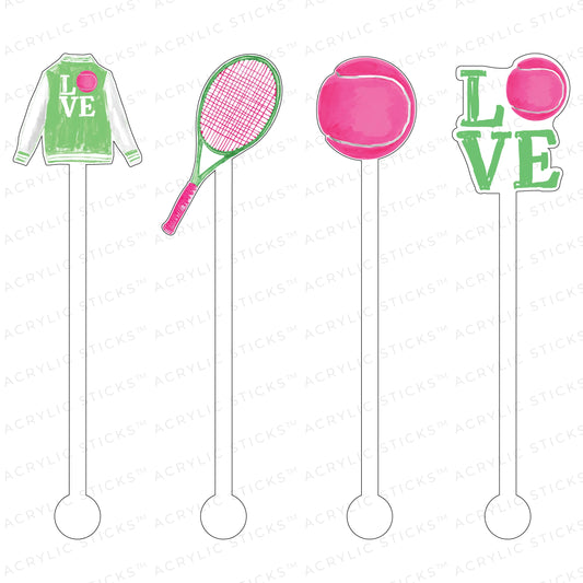 Set of 4 acrylic stir sticks: green jacket "LOVE," pink racket, pink ball, green-pink "LOVE." Reusable. Sizes: 6-7".