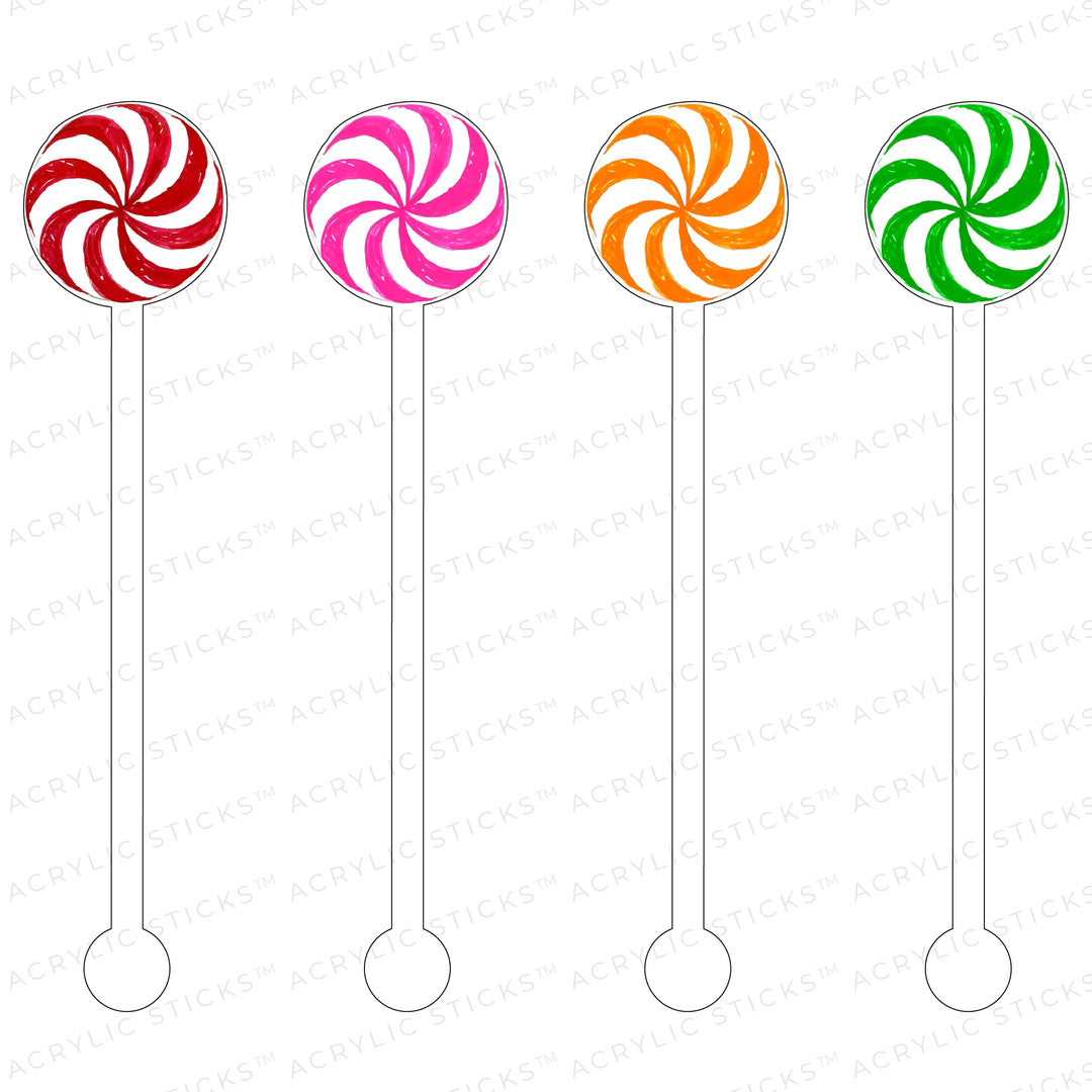 Candy peppermint stir sticks in red, pink, orange, and green swirls.