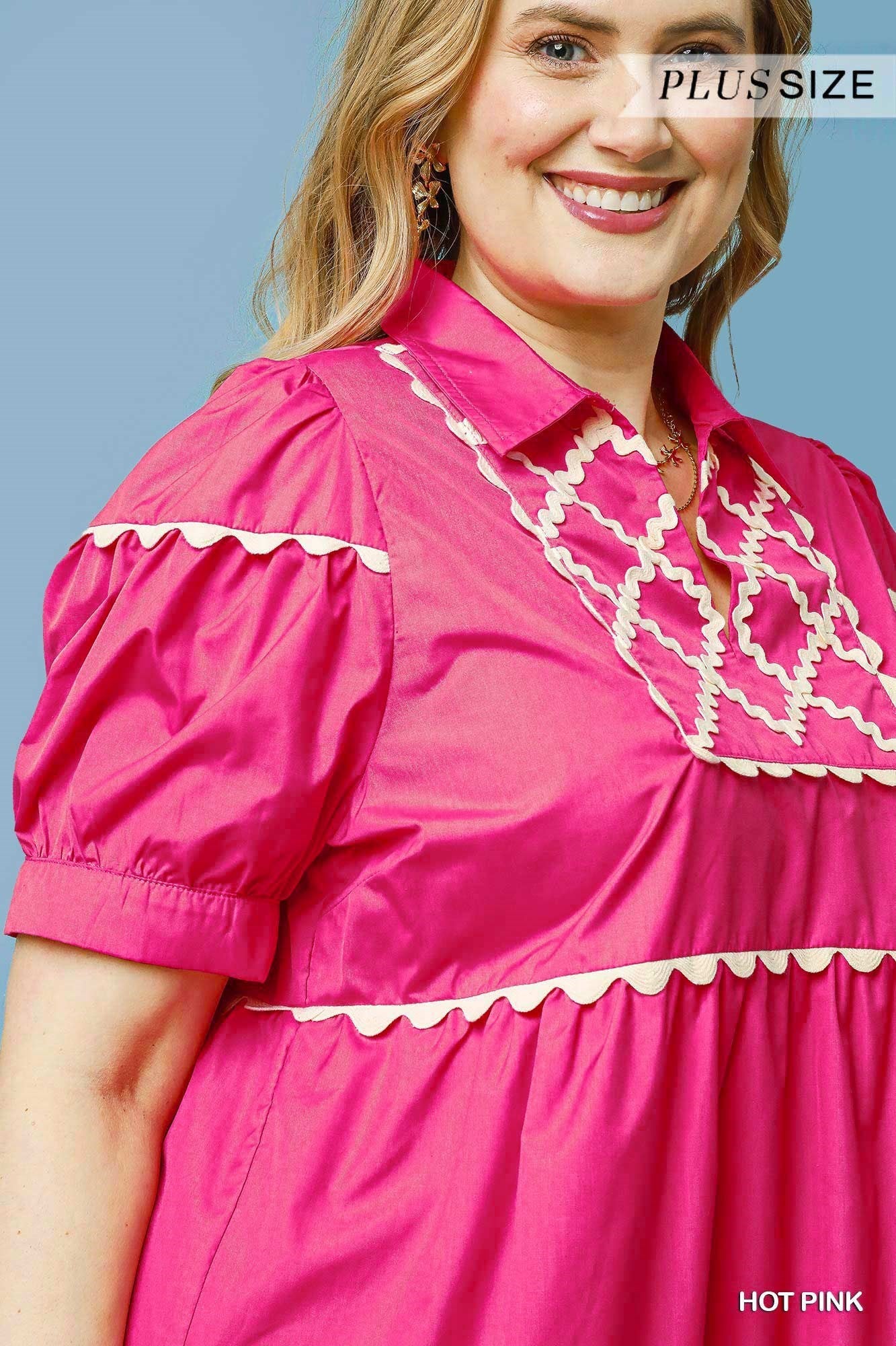 Charlie Hot Pink Ric-Rac Dress with white embroidered chest and sleeves. Available in plus sizes. Color: Hot Pink.