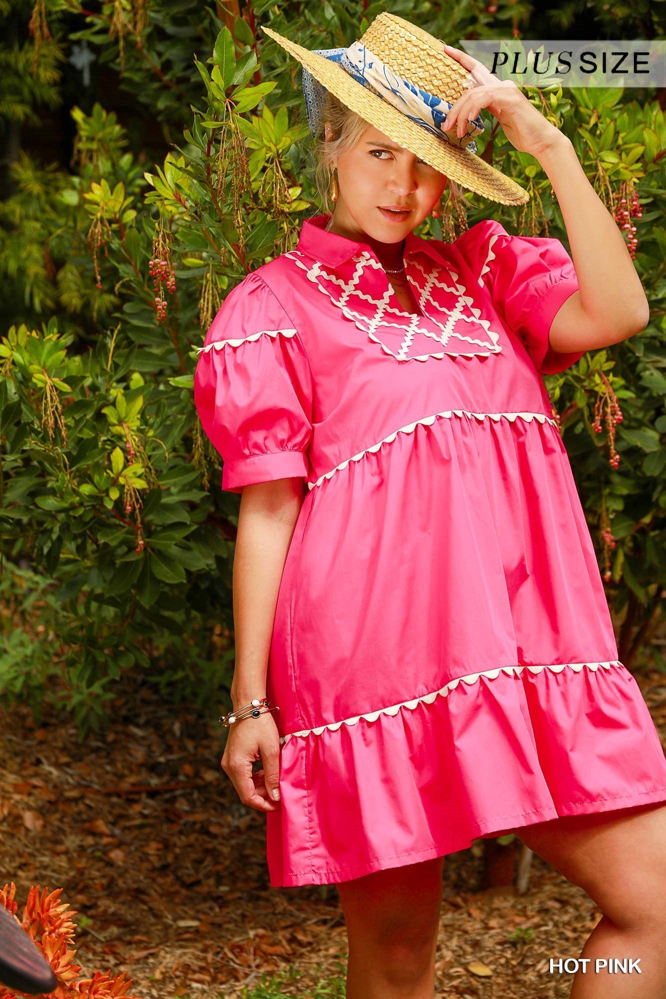Charlie Hot Pink Ric-Rac Dress: Hot pink sleeveless dress with ric-rac trim, tiered skirt, and relaxed fit. Sizes available: XS-XXXL including Plus Size.