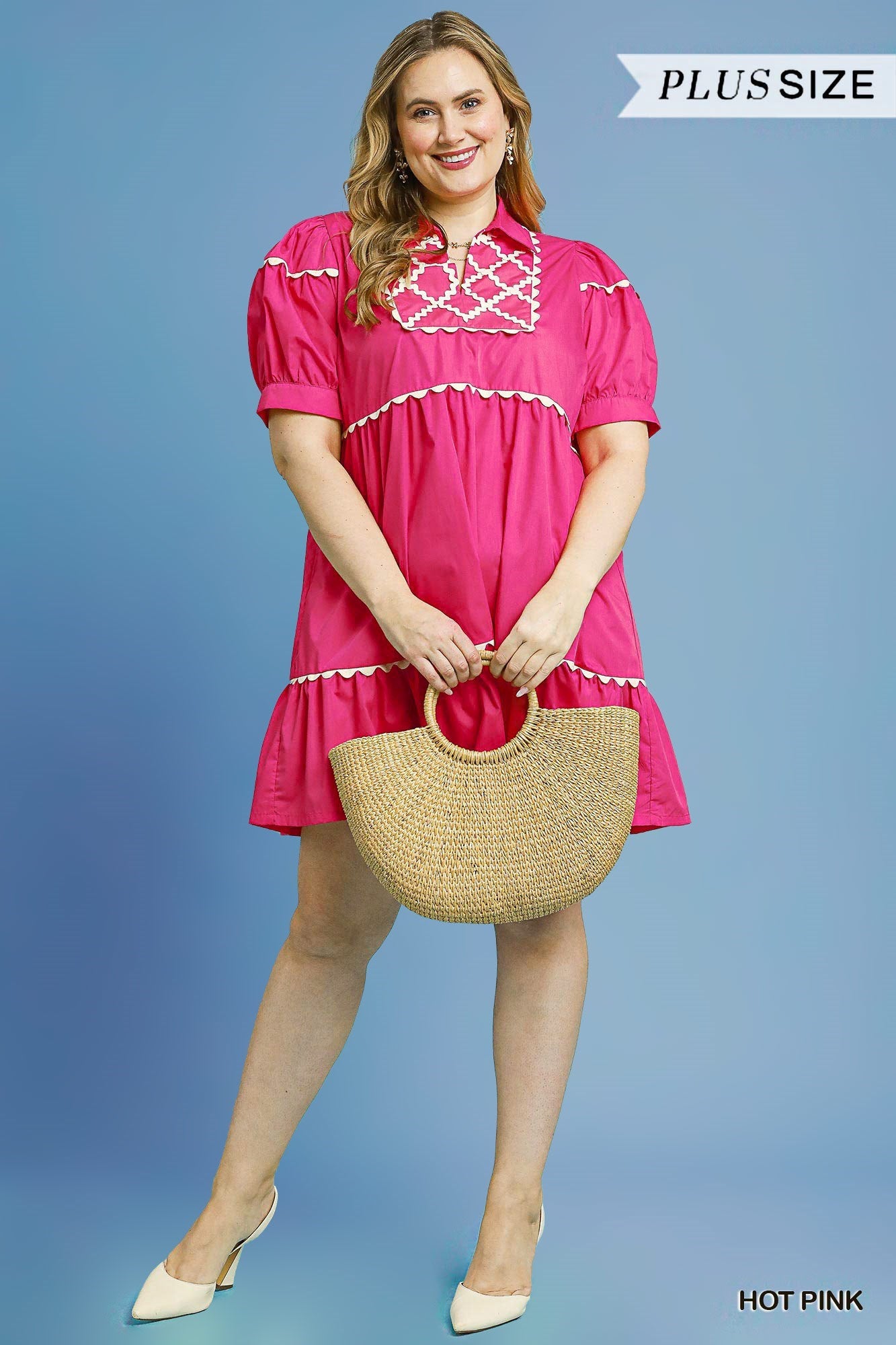 Charlie Hot Pink Ric-Rac Dress with white trim. Sizes available: XS, S, M, L, XL.