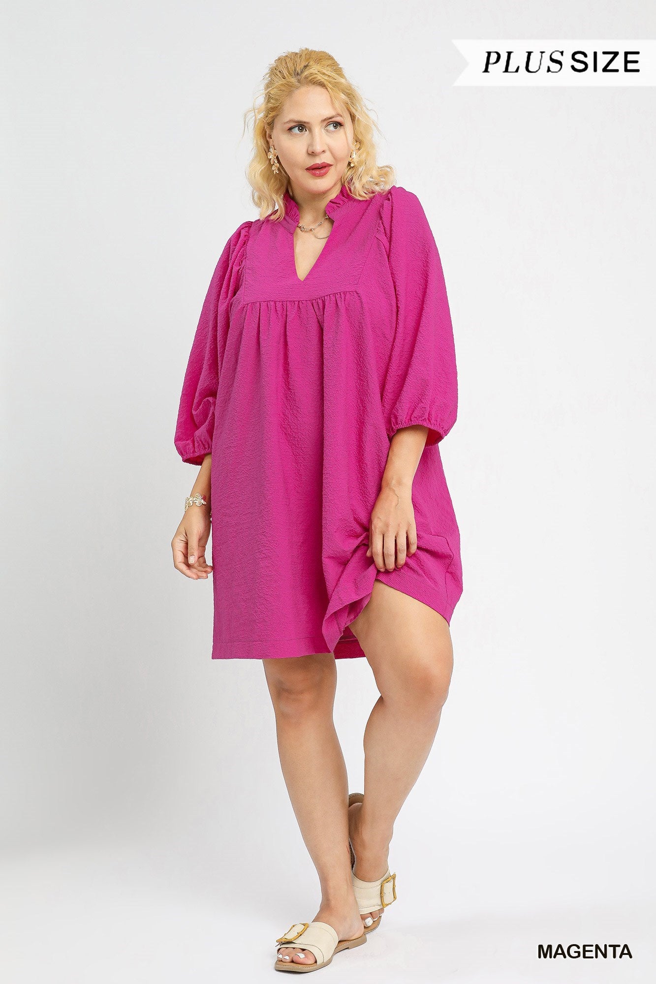 Textured Puff Sleeve Babydoll Dress in magenta with V-neck, puff sleeves, knee-length; plus sizes available.