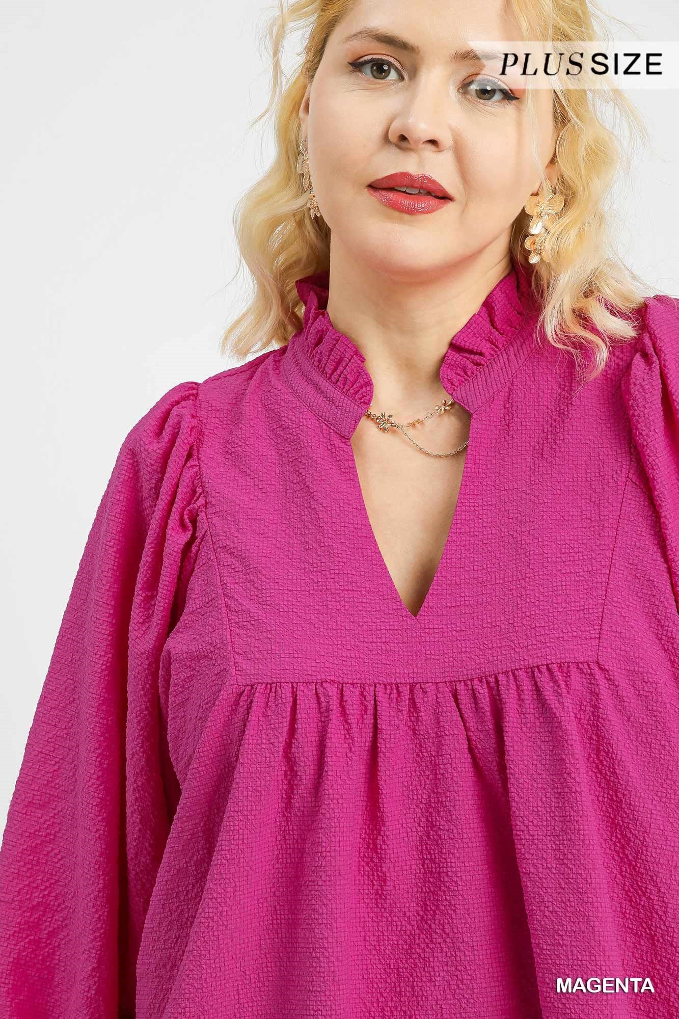Textured Puff Sleeve Babydoll Dress in magenta, long sleeves, V-neck. Available in plus sizes.