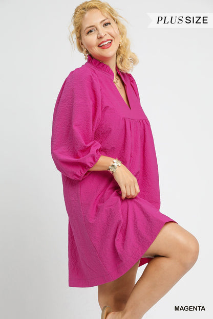 Textured Puff Sleeve Babydoll Dress in magenta, three-quarter sleeves. Available in sizes XS-XL.