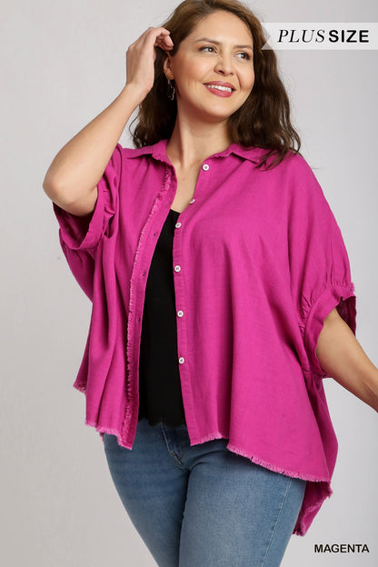 Vibrant magenta Linen Button Down Top with Fray Details, featuring dolman sleeves. Available in PLUS SIZE.