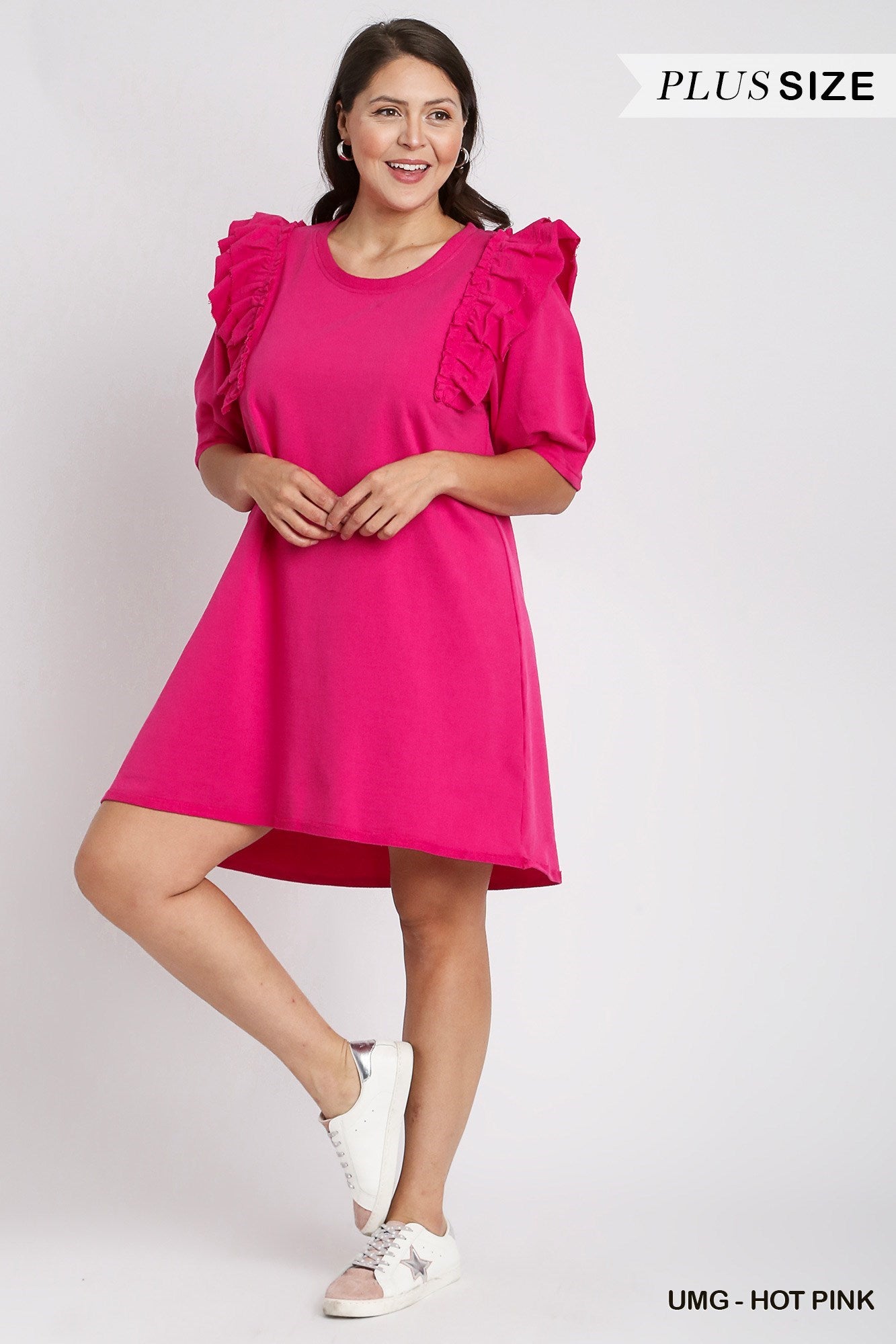 A Round Neck French Terry Dress in a vibrant hot pink color. The dress features 3/4 length ruffle sleeves. Available in various sizes.