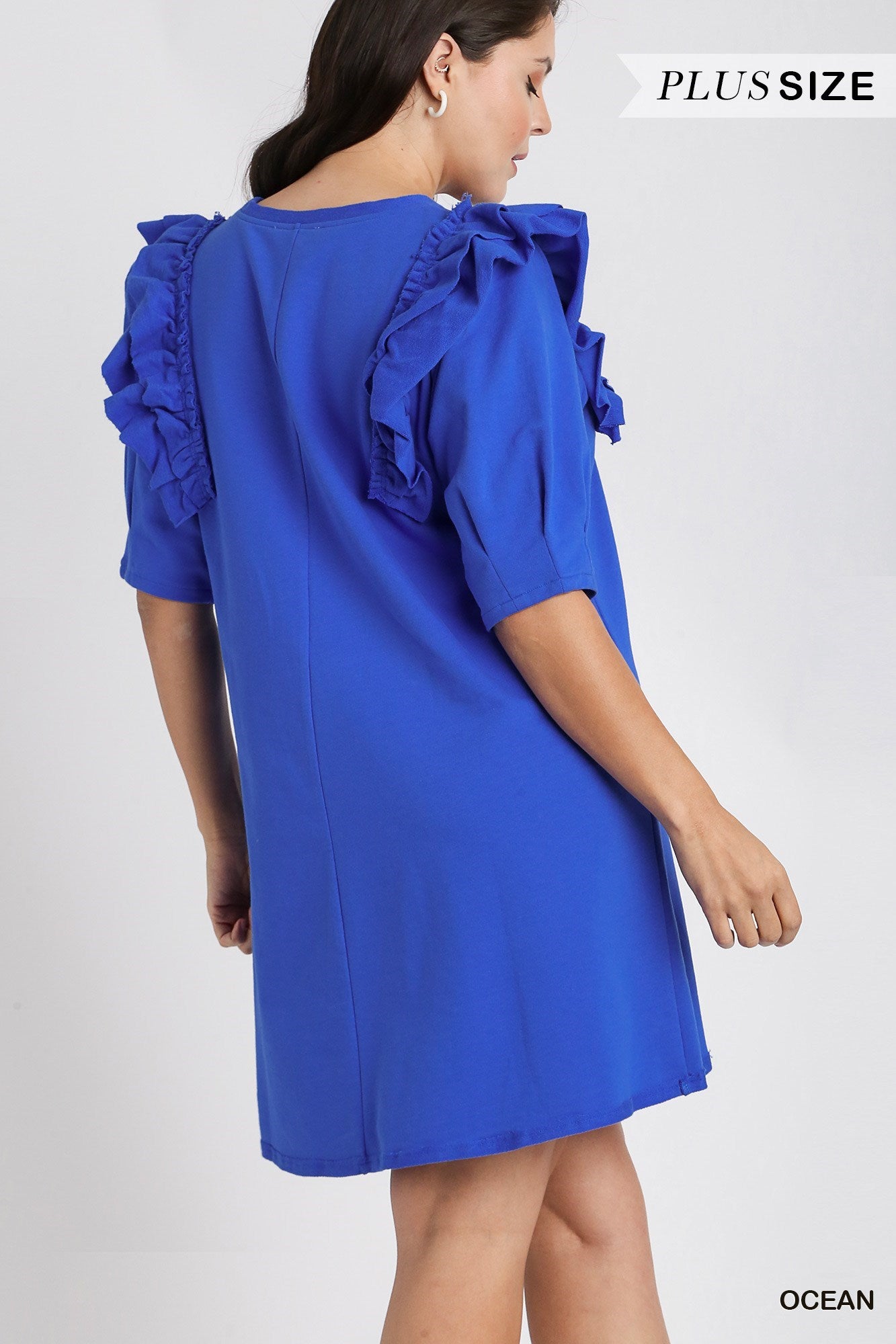 Plus-size, bright blue Round Neck French Terry Dress with 3/4 Ruffle Sleeves. Sizes available are from XL to XXXL.