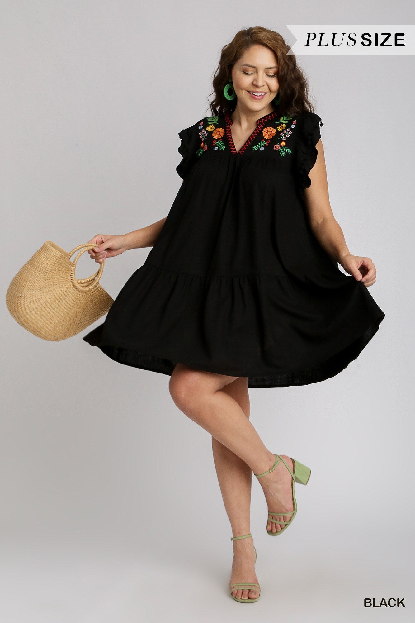 The product is a plus size Linen Embroidered Short Dress featuring Ruffle Sleeves & Pom Poms.