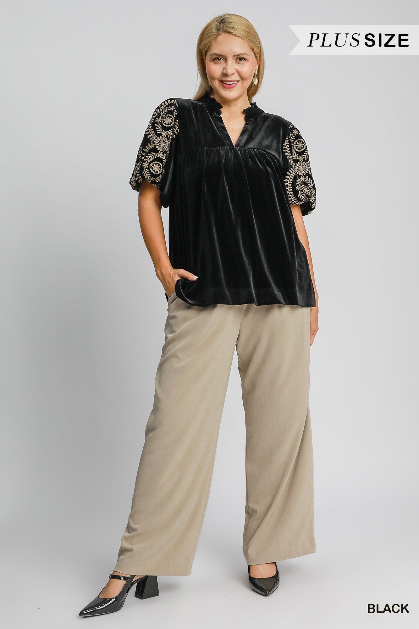 Plus Size Velvet Embroidered Sleeve Top. Patterned short bubble sleeves. Available in sizes 1X - 4X. Color: Black.