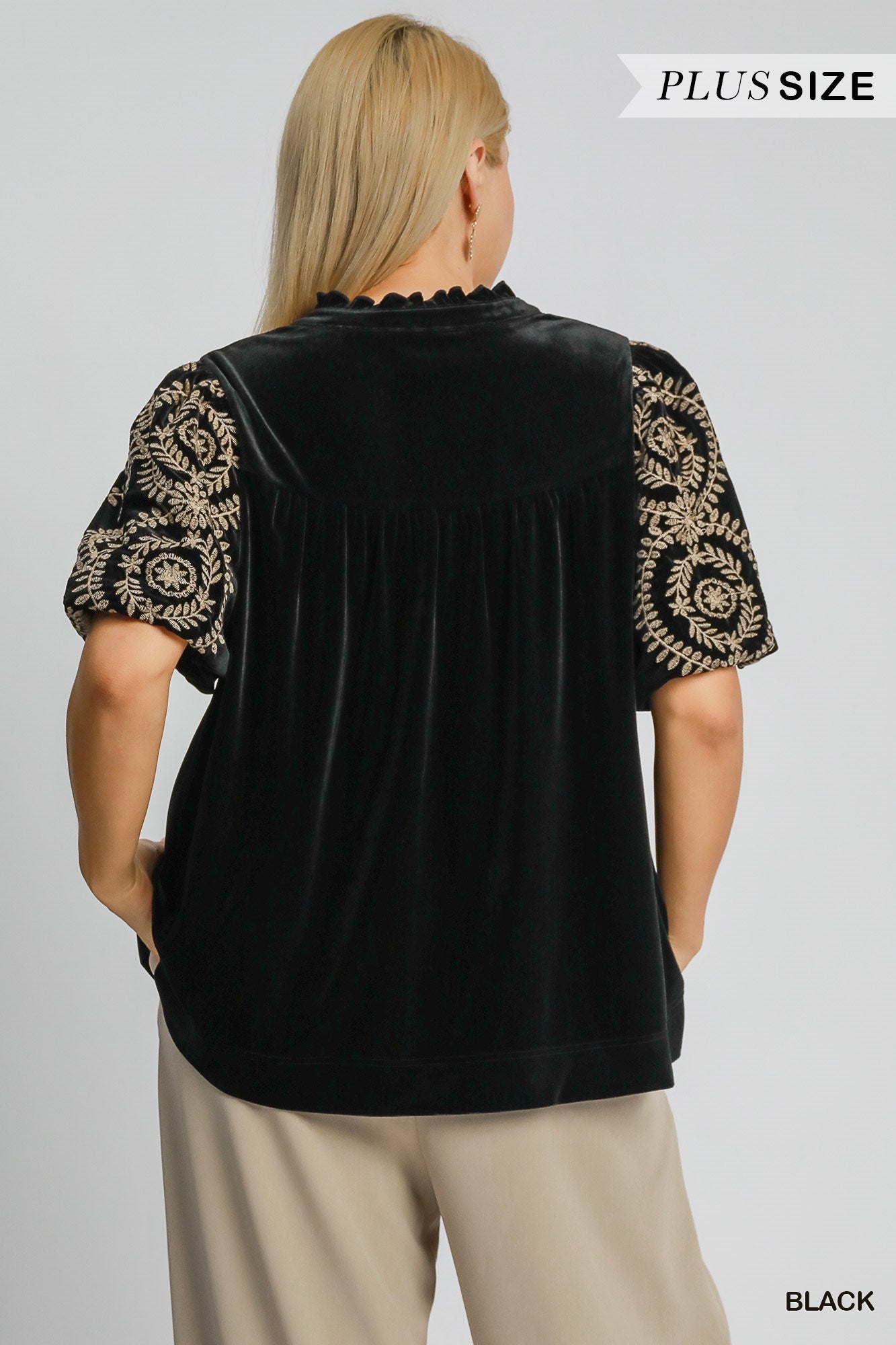 Velvet Embroidered Sleeve Top: Black velvet with gold patterns on bubble sleeves. Boxy cut. Sizes available: PLUSSIZE.