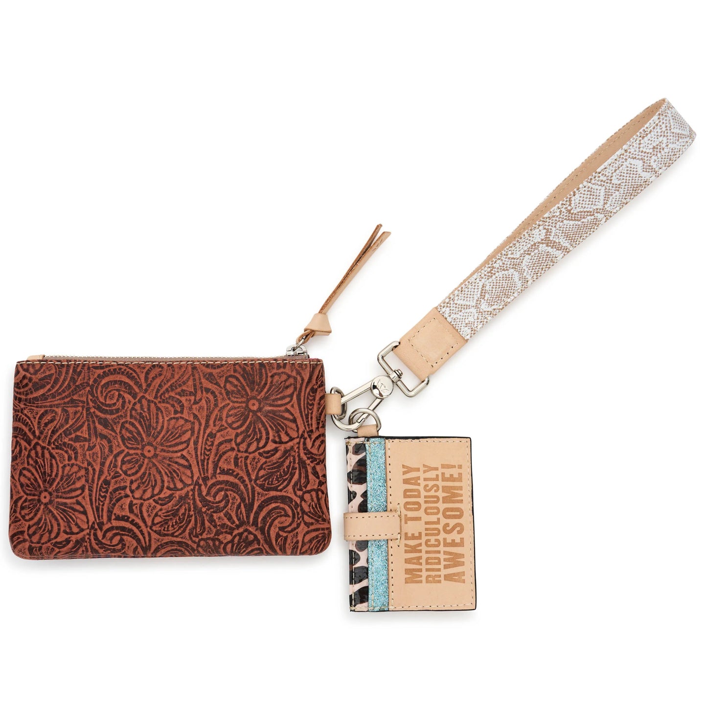 Brown, floral-patterned "Combi, Sally" wristlet wallet with a beige strap and attached cardholder embossed with "Make Today Ridiculously Awesome!" Sizes available: Small, Medium, Large.