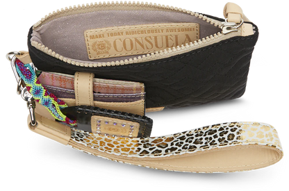 Small black quilted nylon pouch with attached leopard print wristlet. Available in one size.