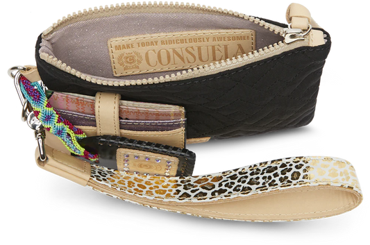 Small black quilted nylon pouch with attached leopard print wristlet. Available in one size.