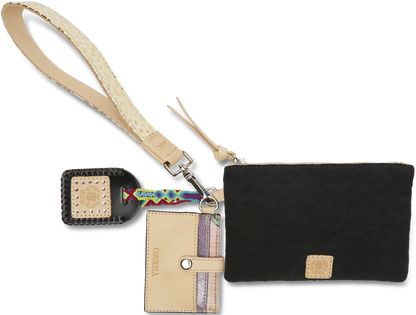 Black quilted nylon pouch wristlet with beige strap. Available sizes: Small, Medium, Large.