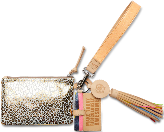 Small gold and white animal print wristlet with beige strap, tassel, card slot, rainbow accents. Sizes: One size.