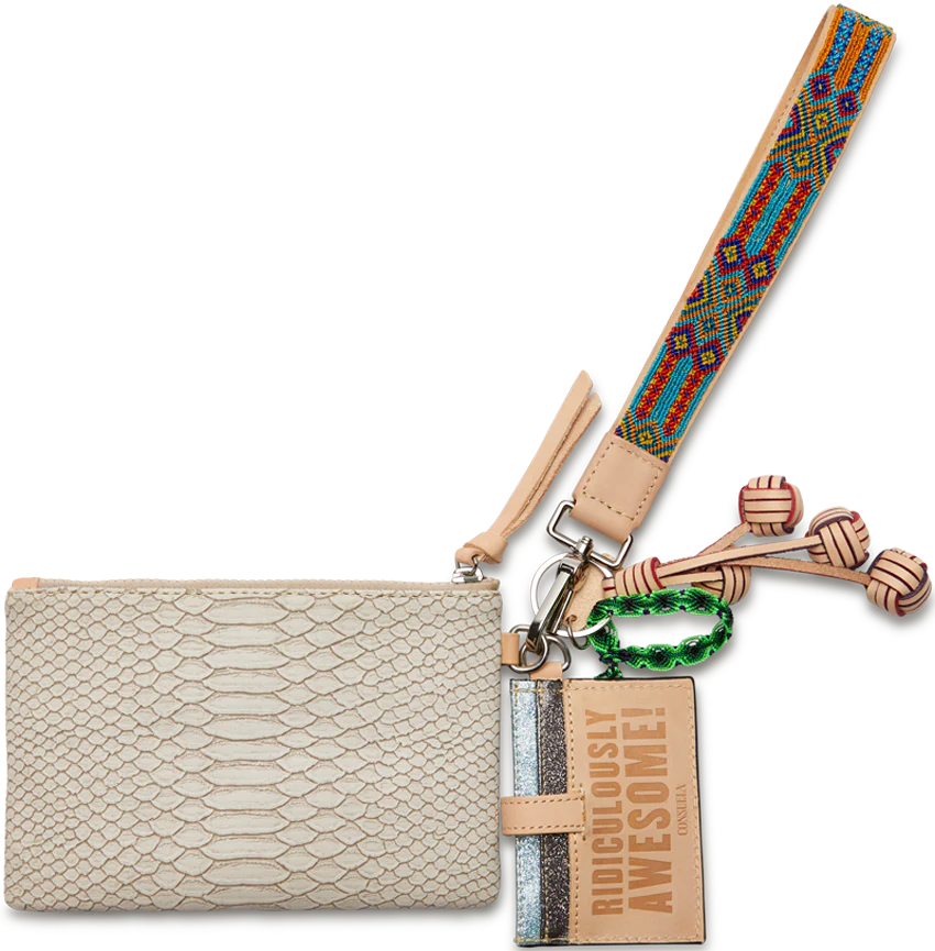 Cream-colored snakeskin-textured Combi wallet. Sizes: Small, Medium, Large.