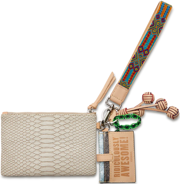 Cream-colored snakeskin-textured Combi wallet. Sizes: Small, Medium, Large.