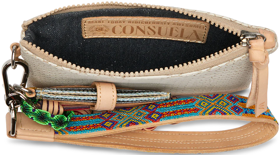 Small beige zippered pouch with “Consuela” label inside and dark fabric lining. Available in one compact size.