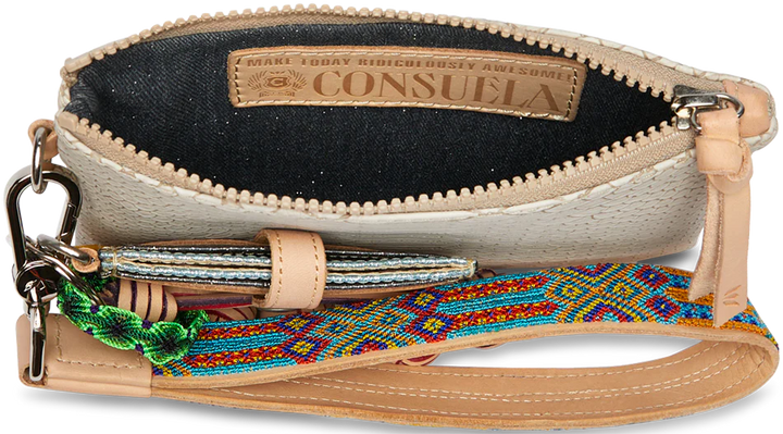 Small beige zippered pouch with “Consuela” label inside and dark fabric lining. Available in one compact size.
