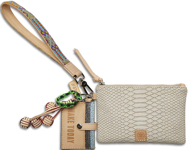 Beige faux snakeskin leather wristlet pouch with colorful strap, keychain wallet, green beaded ring, wooden charms. Sizes: S/M/L.