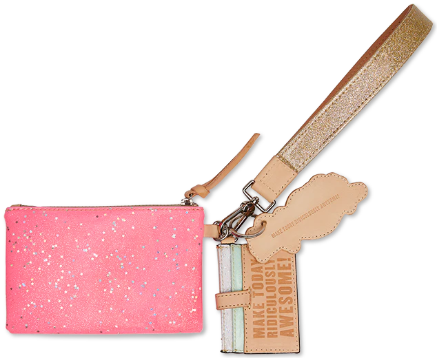 Small pink wristlet wallet with white speckles, card slot feature, sparkly beige strap, tan tag embossed "MAKE TODAY RIDICULOUSLY AWESOME!", neon pink star glitter, and fun accessories. Available in one size.