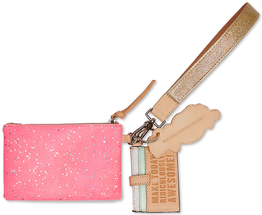 Small pink wristlet wallet with white speckles, card slot feature, sparkly beige strap, tan tag embossed "MAKE TODAY RIDICULOUSLY AWESOME!", neon pink star glitter, and fun accessories. Available in one size.