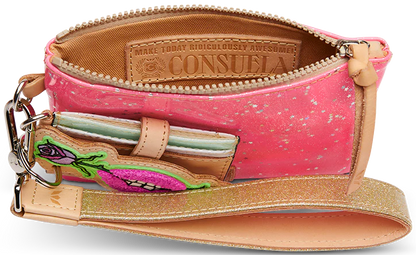 Small pink speckled wristlet wallet with gold strap, card slots, leather "Consuela" label inside, and vibrant flower patch with neon pink star glitter on exterior. Size: Small.