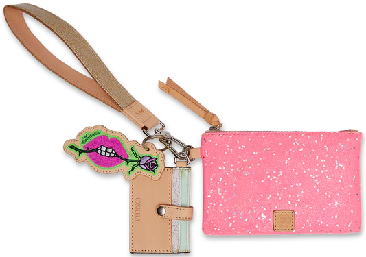 Pink speckled wristlet wallet with neon pink star glitter, tan strap, tan and mint card slot wallet, and keychain featuring a cartoon mouth with green lips and white teeth. Available sizes: One size.