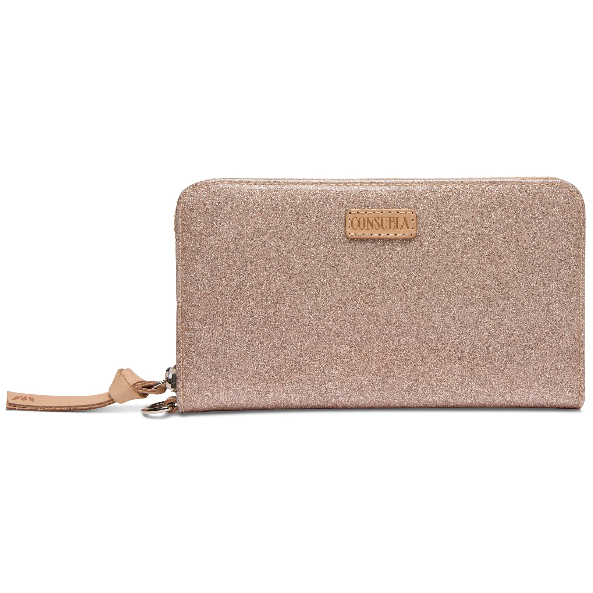 Rectangular zippered wallet with glittery gold exterior, Consuela leather tag, wrist strap; spacious. Sizes: N/A.