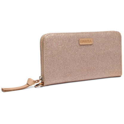 Rectangular wallet with gold glitter, leather zipper pull, zip pocket, tan "Consuela" patch. Sizes available: not specified.