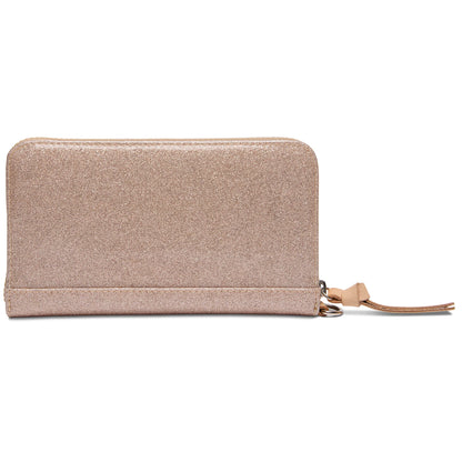 Rectangular rose gold glitter wallet with zipper closure, leather pull, zip compartment; available in multiple sizes.