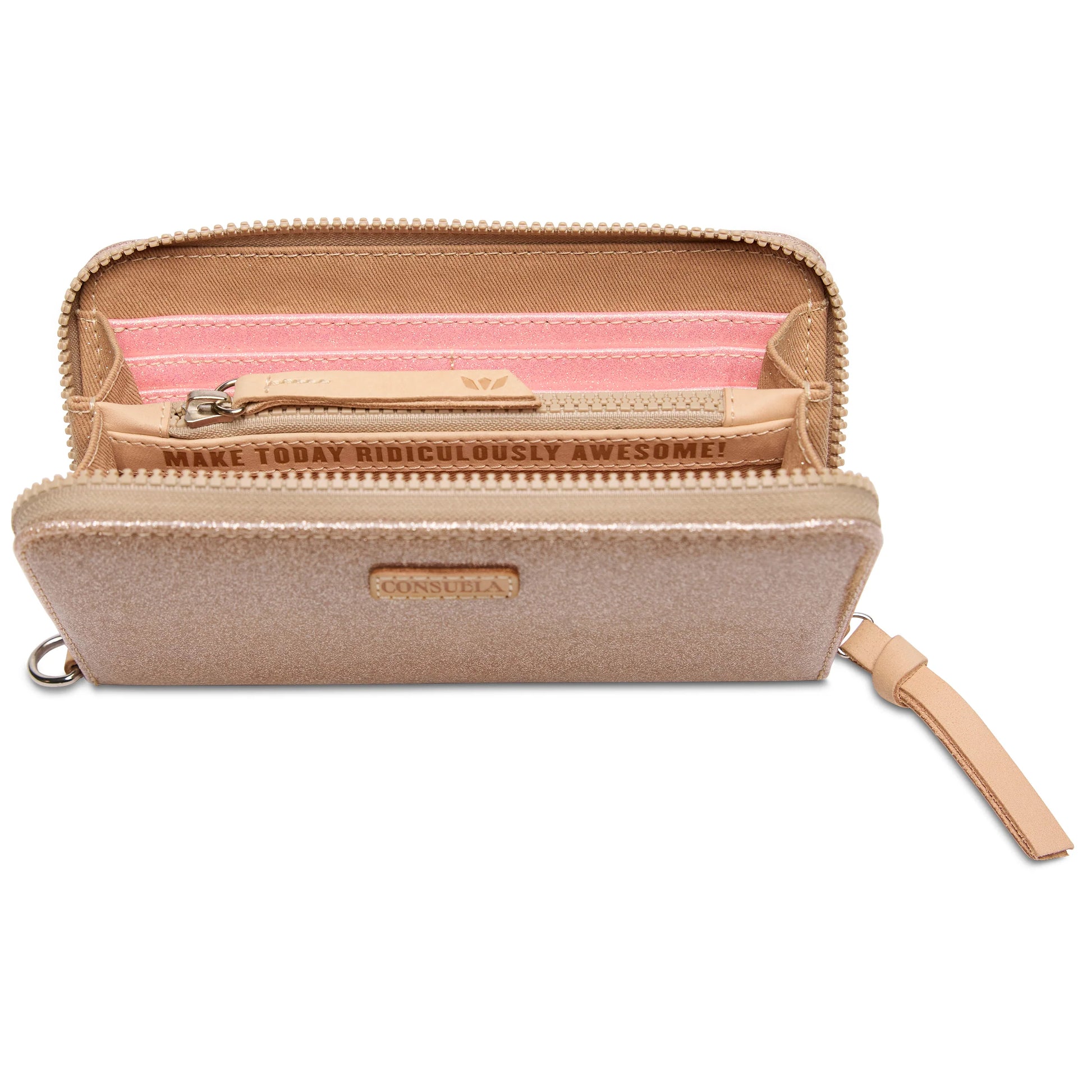 The Essential Wallet Emery in beige has zippered compartments, multiple sections, and comes in one size.