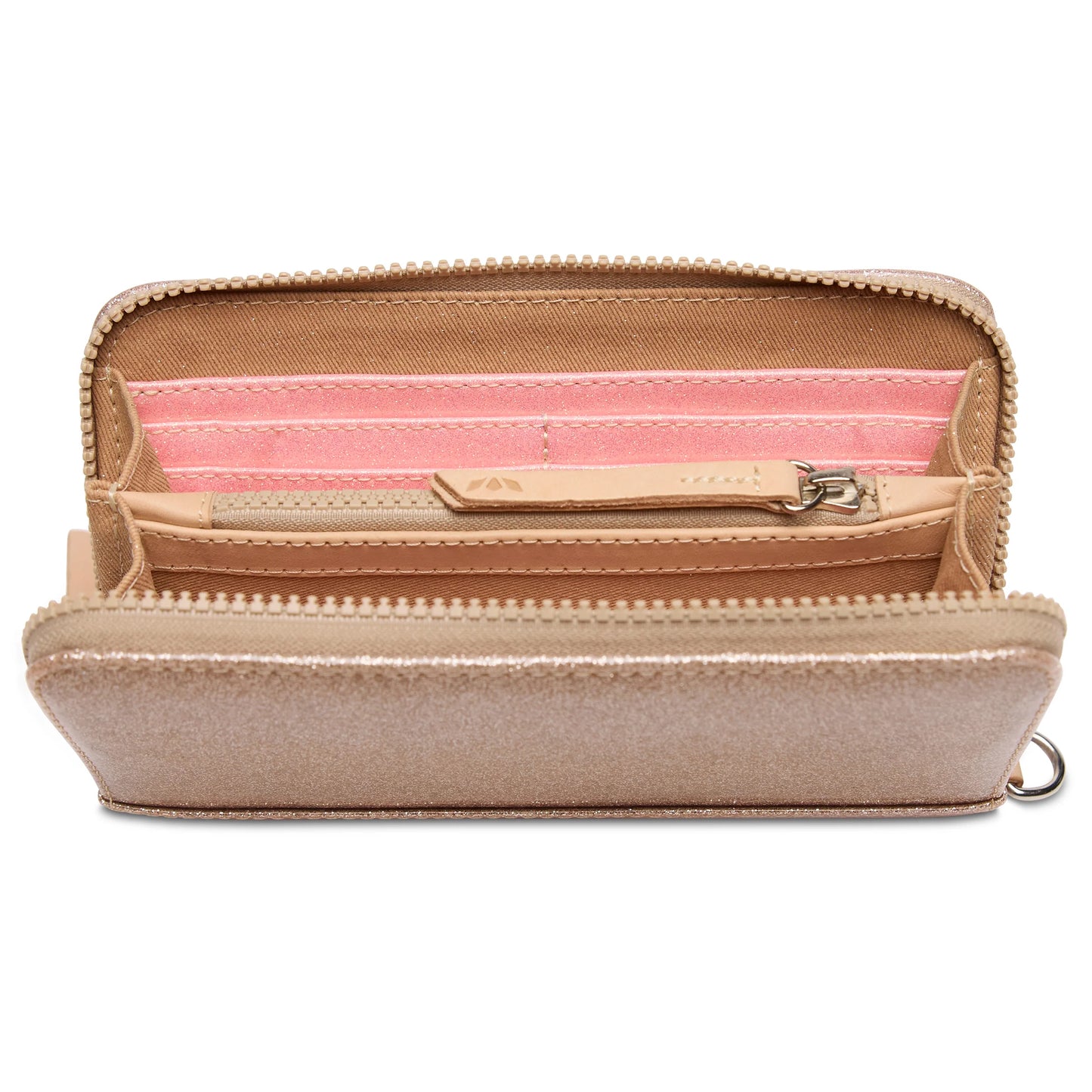 Beige Essential Wallet, Emery, with pink interior, multiple compartments, card slots, zip pocket. Available in one size.