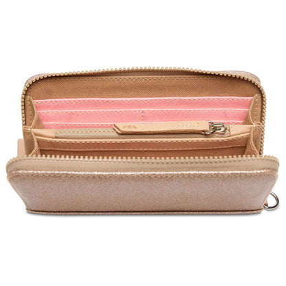 Beige Essential Wallet, Emery, with pink interior, multiple compartments, card slots, zip pocket. Available in one size.