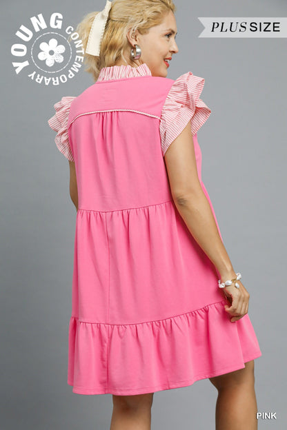 Pink plus-size dress with striped ruffle sleeves and tiered skirt; available in plus sizes. Text: "YOUNG CONTEMPORARY.