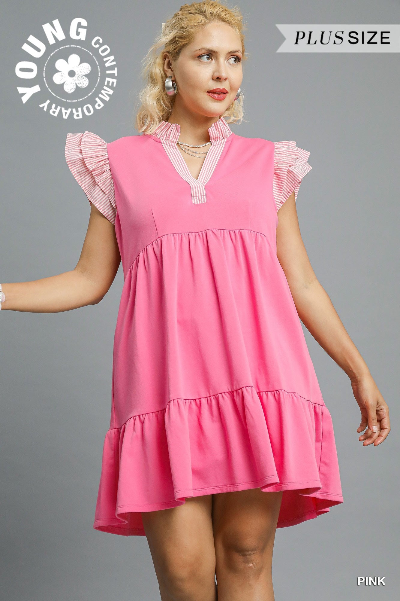 Bubblegum Bliss Ruffle Sleeve Tiered Dress: sleeveless, pink, striped ruffle shoulders. Available in Young Contemporary & Plus Size.