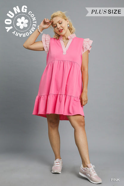 Bubblegum Bliss Ruffle Sleeve Tiered Dress with striped trim. Available in Young Contemporary and Plus Size.