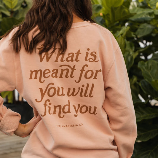 Blush crewneck with “What is meant for you will find you. THE ANASTASIA CO” on back; available in sizes S–XXL.