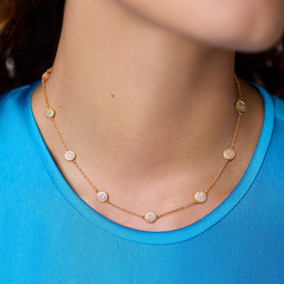 Windsor Delicate Station Necklace in 24K gold-plated, cubic zirconia pendants. Available in 16", 18", and 20" sizes.