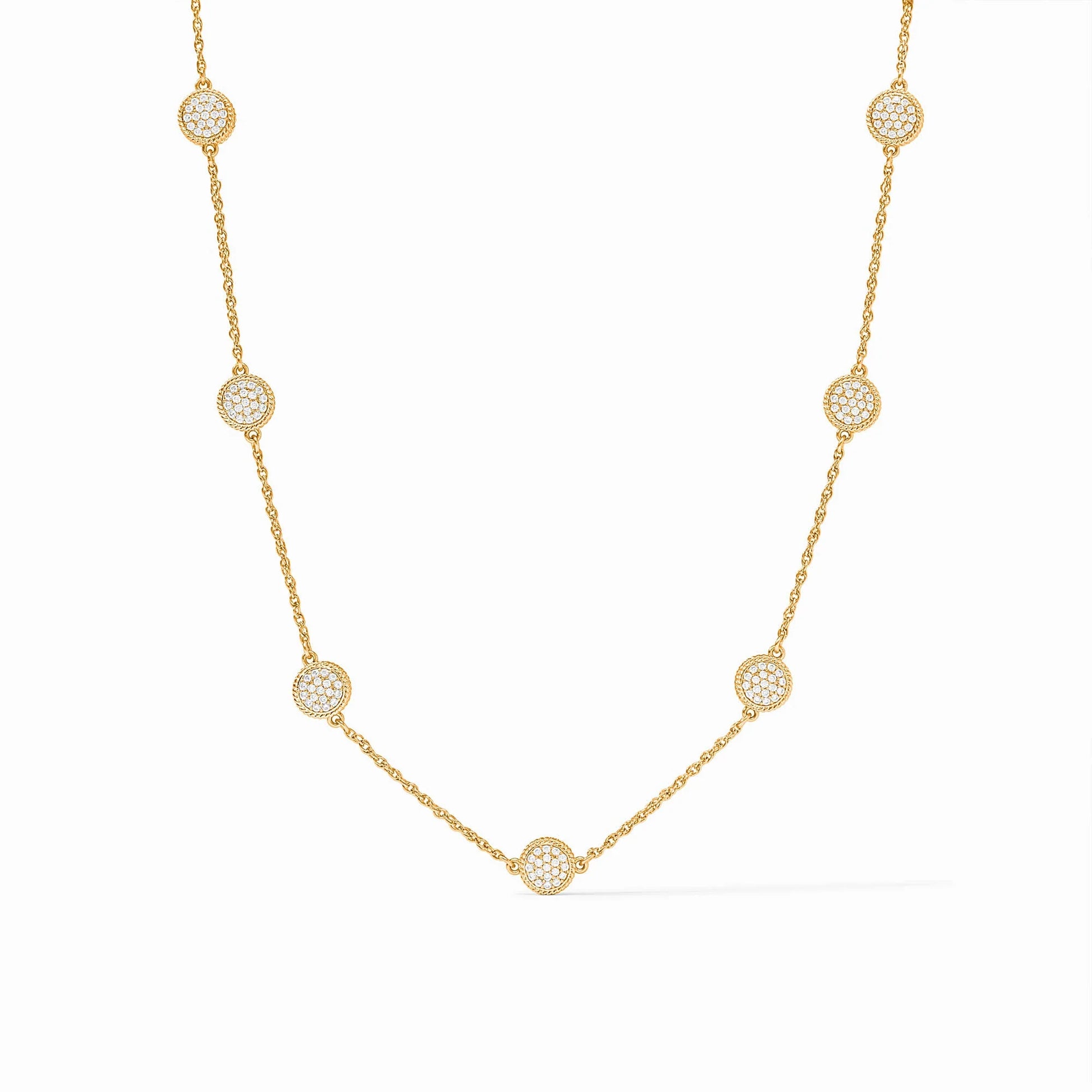 24K gold-plated necklace with evenly spaced circular cubic zirconia pendants. Available sizes: 16", 18".