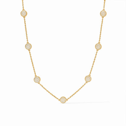 24K gold-plated necklace with evenly spaced circular cubic zirconia pendants. Available sizes: 16", 18".